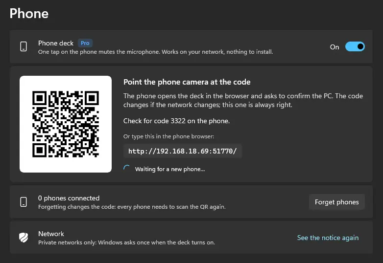 Tela do celular nos Ajustes do Mutto, com o QR para parear
